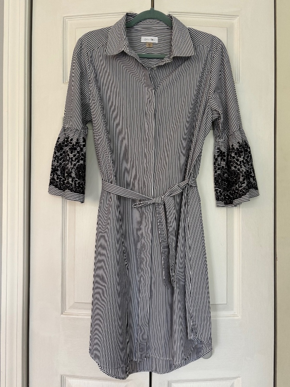 Calvin Klein Black White Striped Shirt Dress Embroidered Bell Sleeves